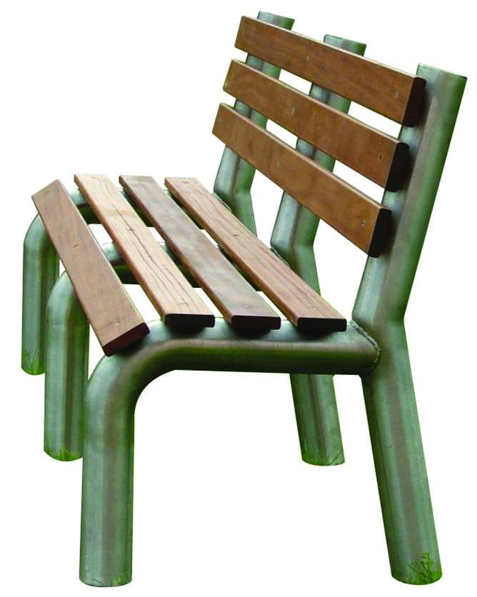 Banca fabricada con tubo de acero inoxidable y peldaños de madera para